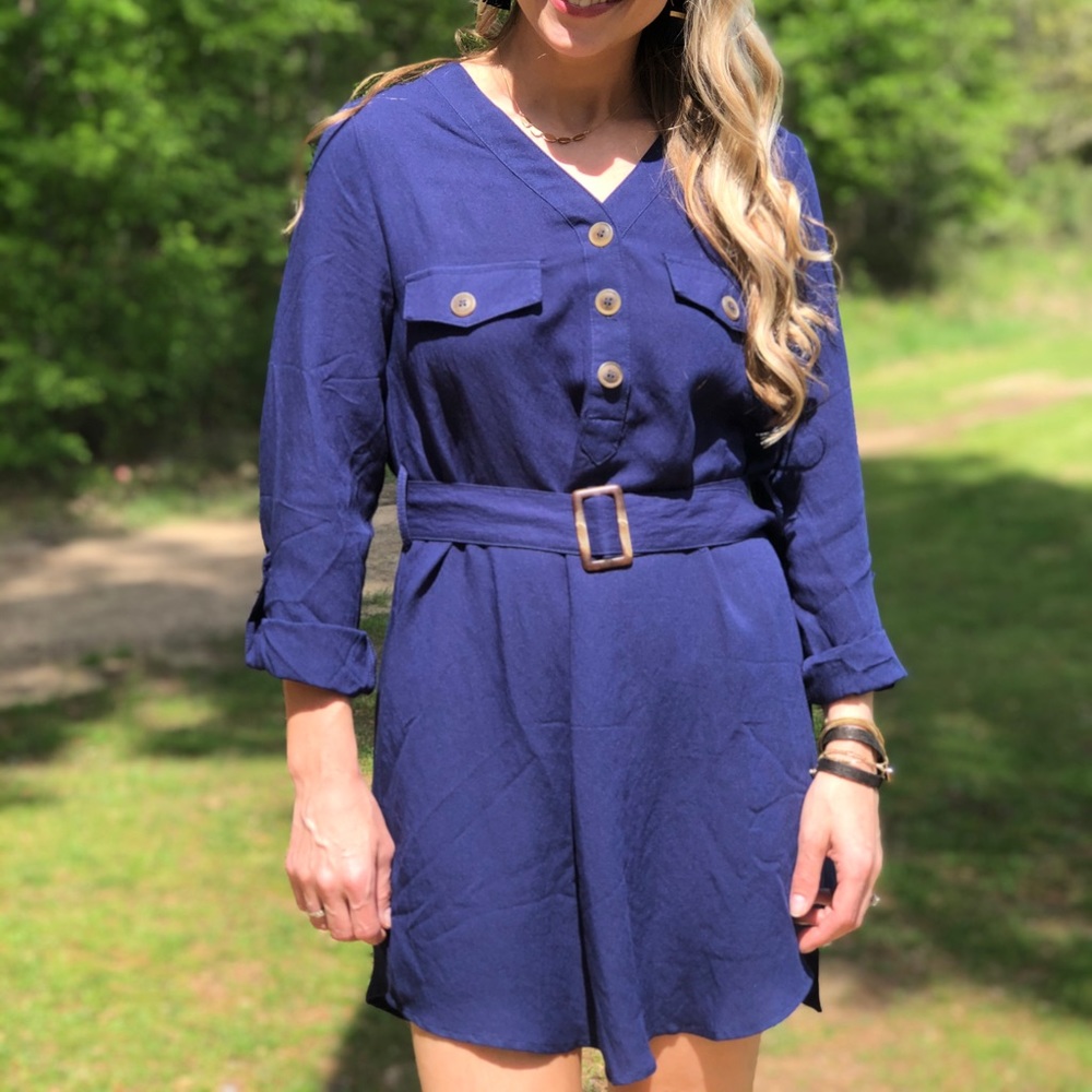 Navy Vneck Dress Self Belted Cuffed Sleeves